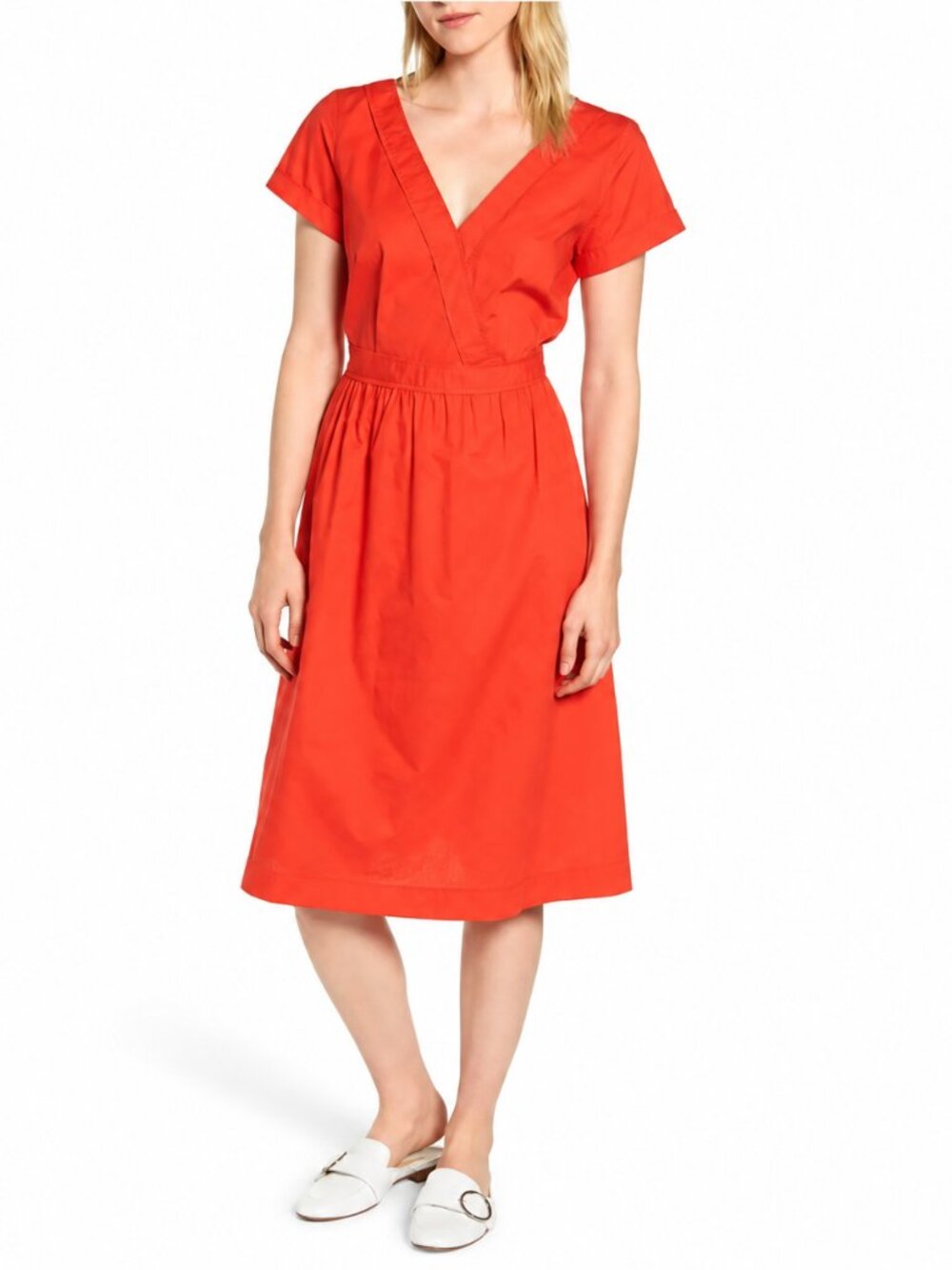 J.Crew Cotton Poplin Midi Dress 00 Red Orange V Neck A Line Pockets